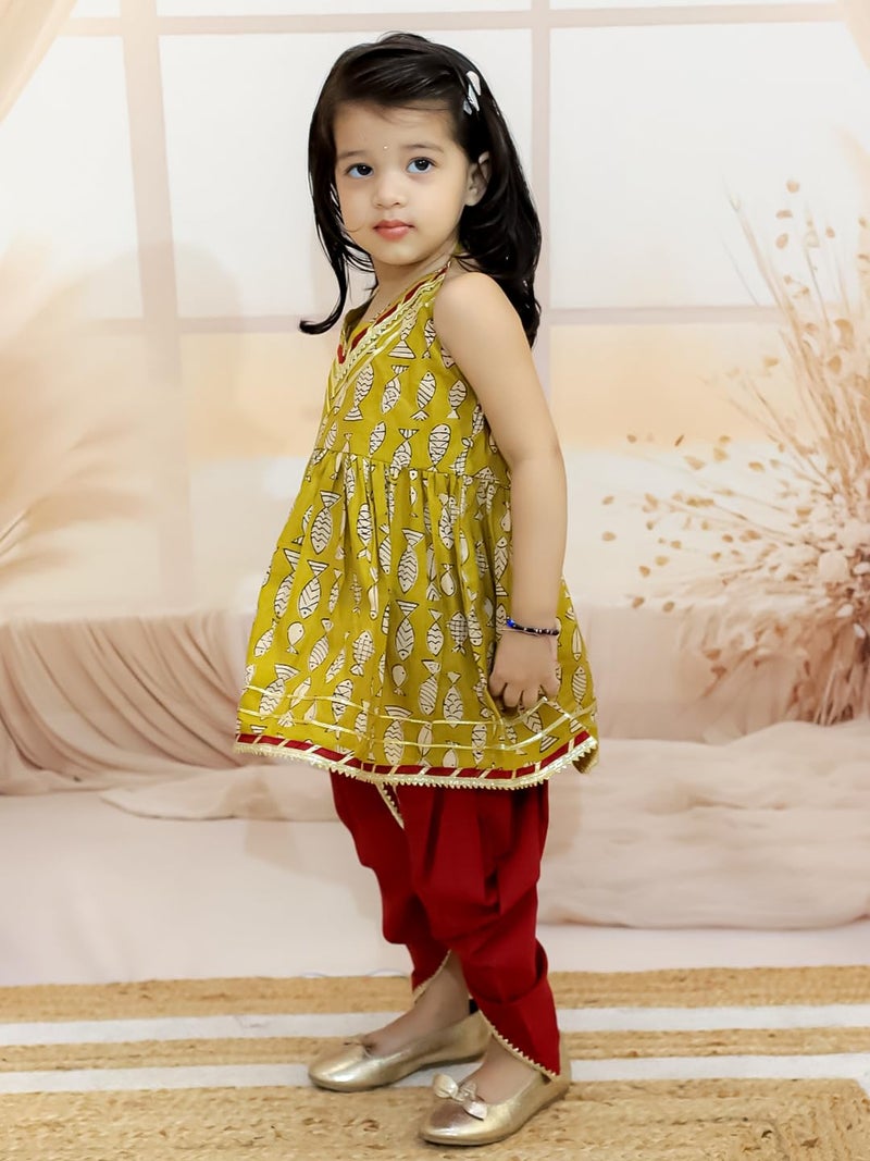 BownBee Halter Neck Pure Cotton Fish Print Kurti with Harem for Girls- Yellow (Set of 1) Solid/Printed colorful full length fully stitched regular fit Ethnic wear dress for Kids-Age_3 to 6 Months - Image 4