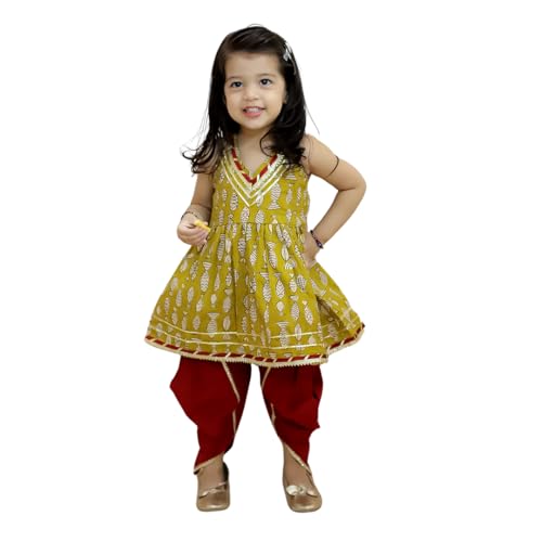 BownBee Halter Neck Pure Cotton Fish Print Kurti with Harem for Girls- Yellow (Set of 1) Solid/Printed colorful full length fully stitched regular fit Ethnic wear dress for Kids-Age_3 to 6 Months - Image 1