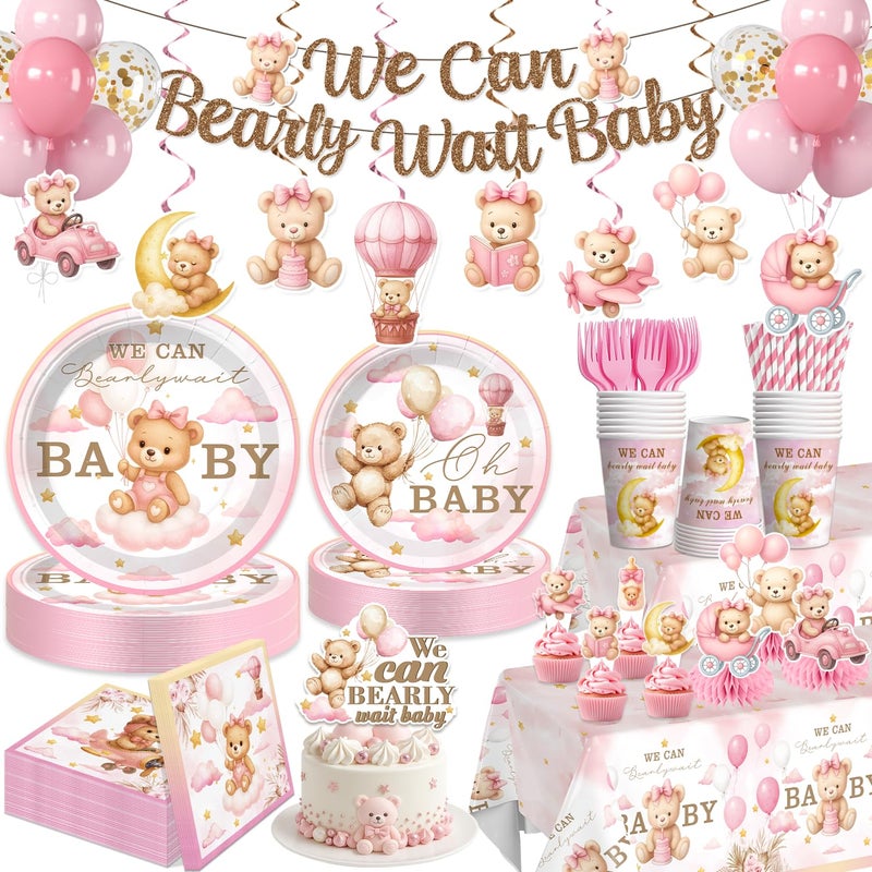 Yingoto 171 PCS Bearly Wait Baby Shower Decorations Pink Bear Baby Shower Party Supplies with Balloon Banner Cake Topper Plates and Napkins for Baby Girl Shower Serves 20 - Image 2