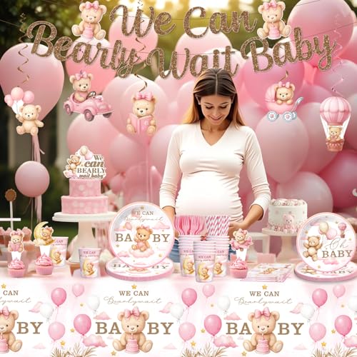 Yingoto 171 PCS Bearly Wait Baby Shower Decorations Pink Bear Baby Shower Party Supplies with Balloon Banner Cake Topper Plates and Napkins for Baby Girl Shower Serves 20 - Image 3