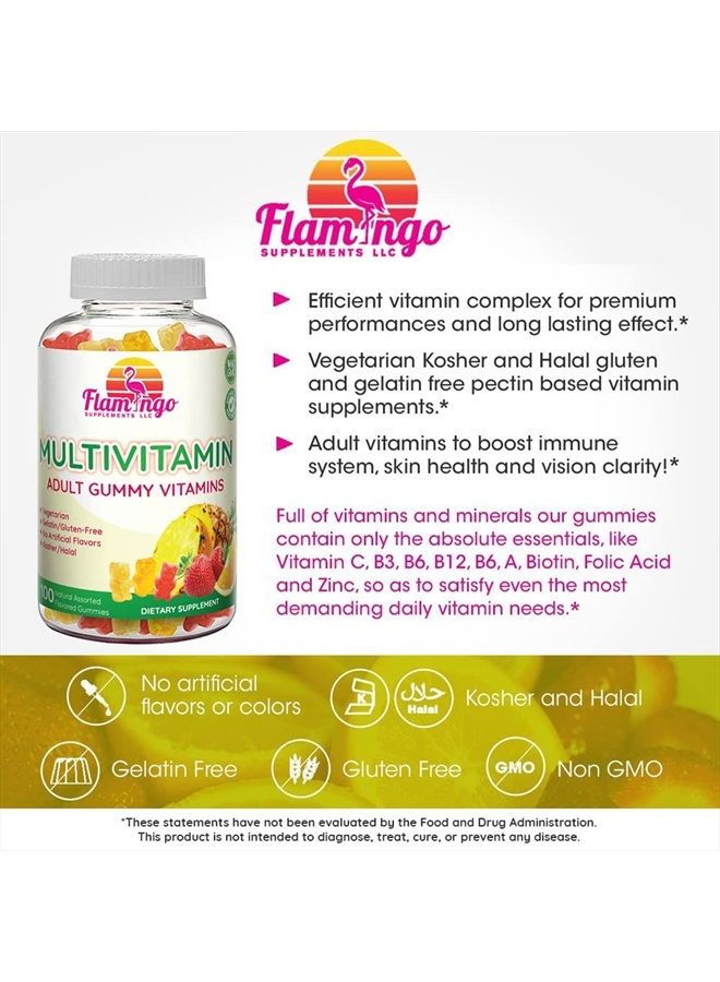 Flamingo Supplements Multivitamin Gummies | Vegan Friendly, Kosher Halal NO Gluten or Gelatin, no GMO| for Men, Women & Kids| 3 Natural Flavors | Vitamins C, B3, B12, Biotin, Zinc & More| 100 Gummies - Image 2