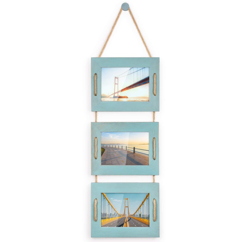 DLQuarts 5x7 Hanging Picture Frames Collage Wall Decor 3Opening Photo Frames 5x7 without Mat  35x5 with Mat Rustic Wood 3 Photo Frames Ocean Blue