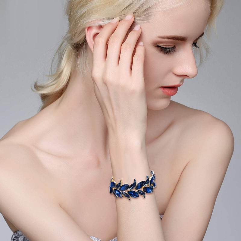 BriLove Wedding Bridal Bracelet for Women Bride Marquise-Shape Leaf Stretch Bangle Bracelets for Party Prom Navy Blue Sapphire Color Gold-Toned - Image 4