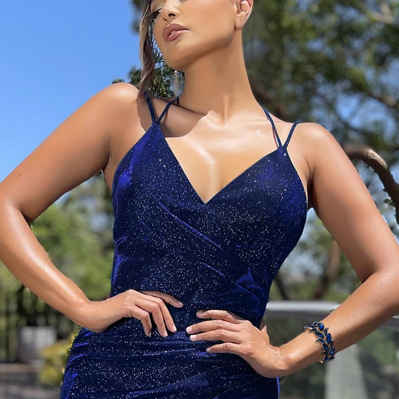 BriLove Wedding Bridal Bracelet for Women Bride Marquise-Shape Leaf Stretch Bangle Bracelets for Party Prom Navy Blue Sapphire Color Gold-Toned - Image 3