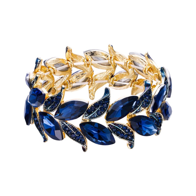 BriLove Wedding Bridal Bracelet for Women Bride Marquise-Shape Leaf Stretch Bangle Bracelets for Party Prom Navy Blue Sapphire Color Gold-Toned - Image 1
