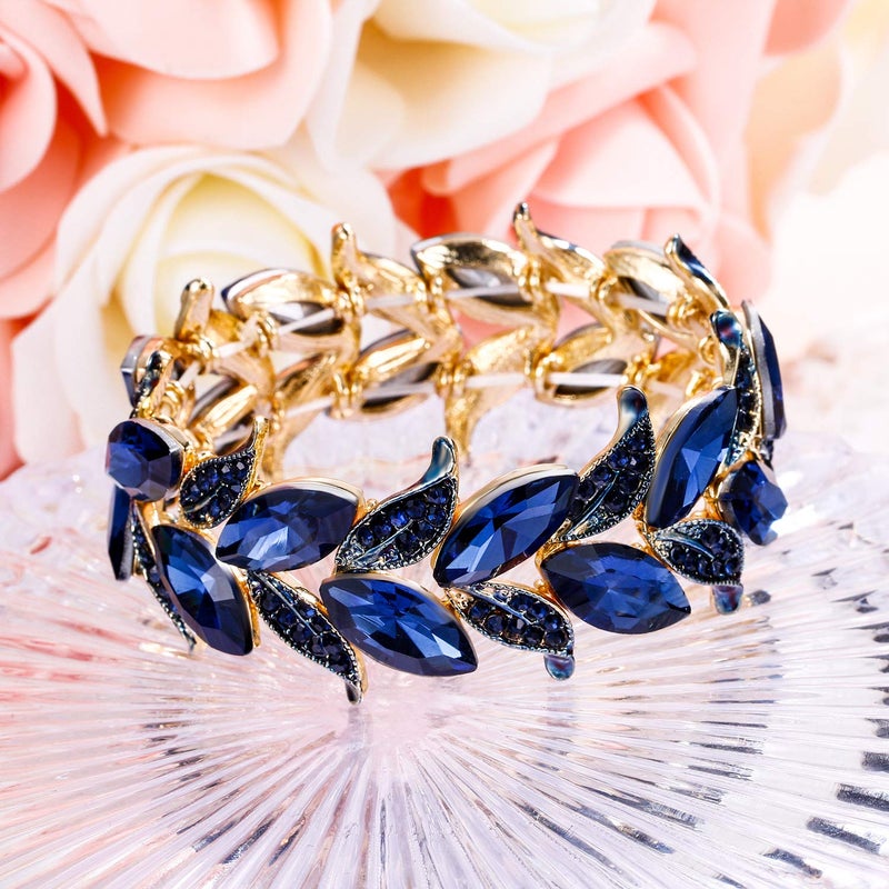 BriLove Wedding Bridal Bracelet for Women Bride Marquise-Shape Leaf Stretch Bangle Bracelets for Party Prom Navy Blue Sapphire Color Gold-Toned - Image 5