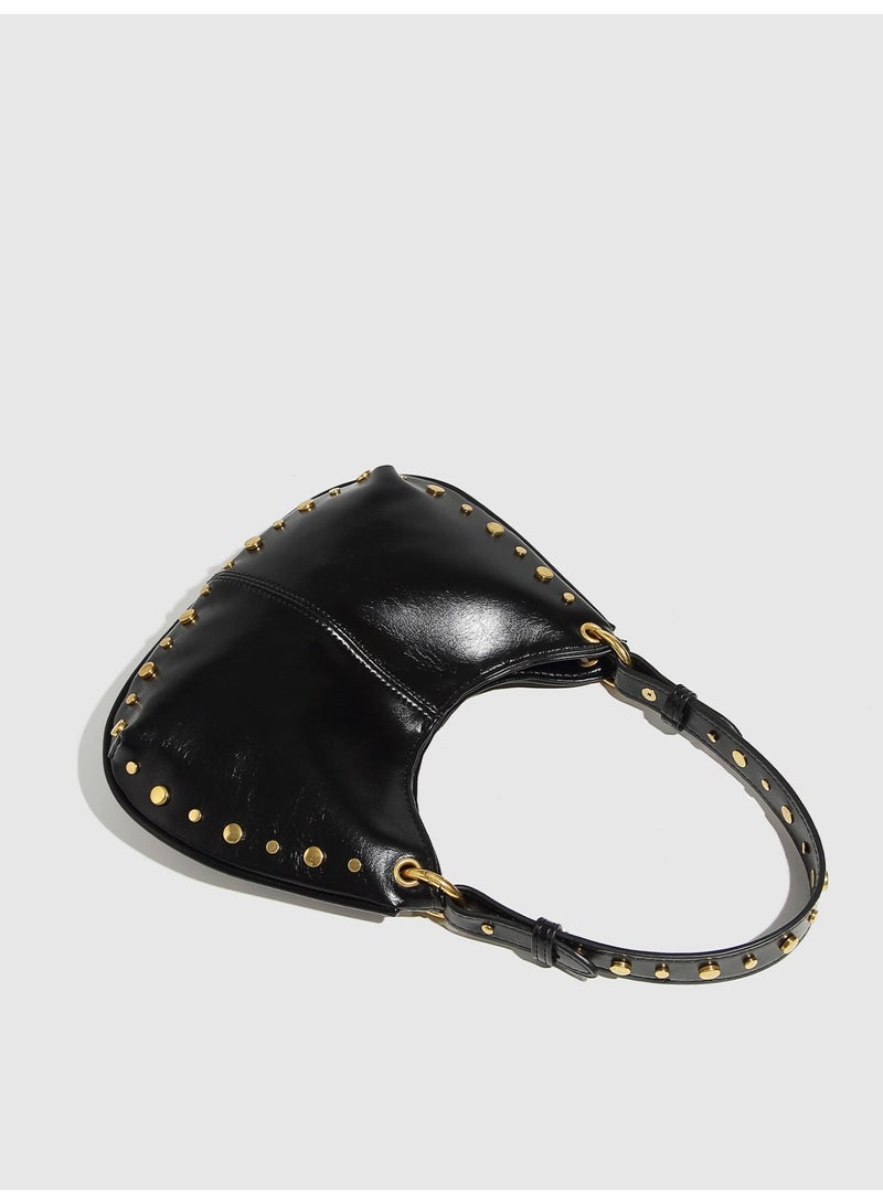Women's Street Punk Studded Adjustable Shoulder Crossbody Saddle Bag, Fashion Handbag with Chain Strap - Image 5