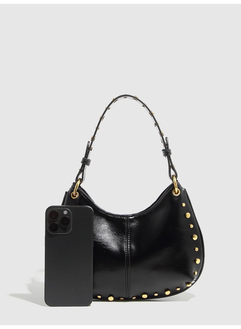 Women's Street Punk Studded Adjustable Shoulder Crossbody Saddle Bag, Fashion Handbag with Chain Strap - Image 3