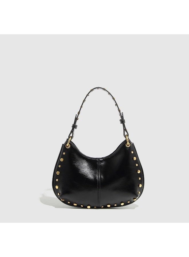 Women's Street Punk Studded Adjustable Shoulder Crossbody Saddle Bag, Fashion Handbag with Chain Strap - Image 2