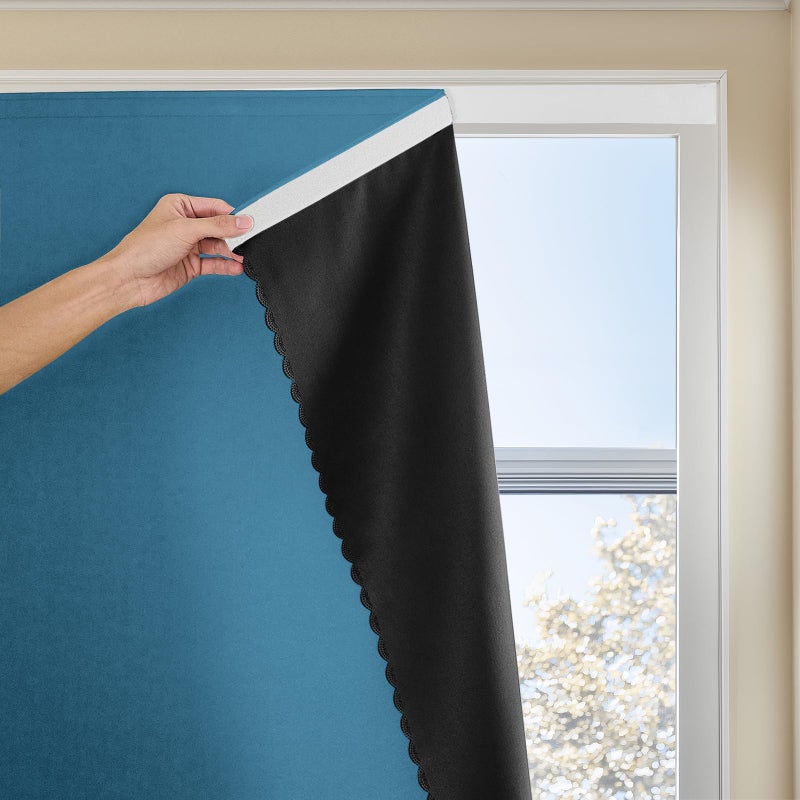 JILRON Magic Tape Stick on Portable Curtains for WindowsBedroom Blackout Curtains for Thermal Lnsulated No Drill Curtains Room Darkening Black Small Drapes1 Panels35Wx48L inchDark Blue