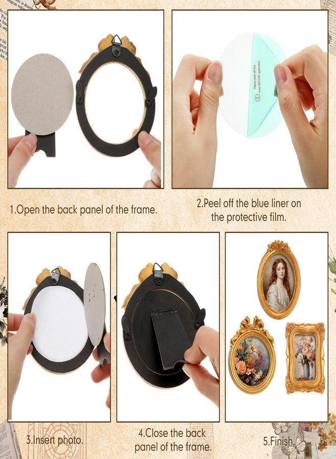 Kathfly 6 Pcs Mini Vintage Picture Frame Tiny Picture Frames Bulk Ornate Antique Photo Frame Resin Oval Baroque Ornaments with Floral Relief Panel and Rack Stands for Wall Decoration (Golden,Elegant) - Image 5