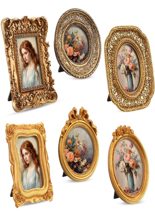 Kathfly 6 Pcs Mini Vintage Picture Frame Tiny Picture Frames Bulk Ornate Antique Photo Frame Resin Oval Baroque Ornaments with Floral Relief Panel and Rack Stands for Wall Decoration (Golden,Elegant) - Image 1