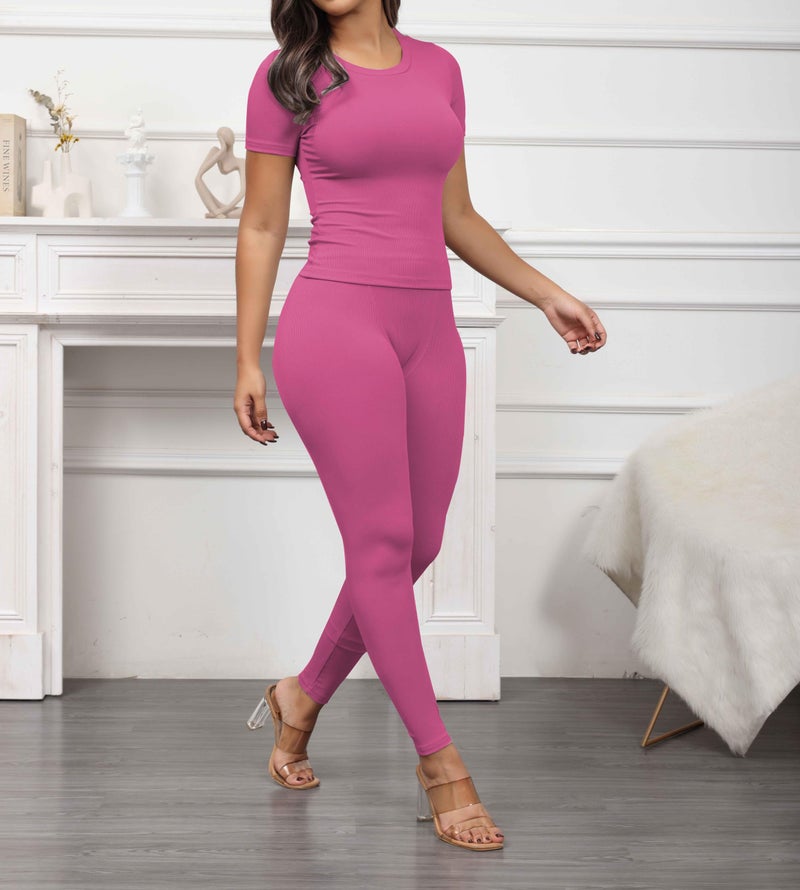 PINSV 2 Piece Sets for Women Summer Casual Jogger Workout Outfits Fitted Crew Neck T-shirt High Waist Legging Sets Pink 2XL - Image 3