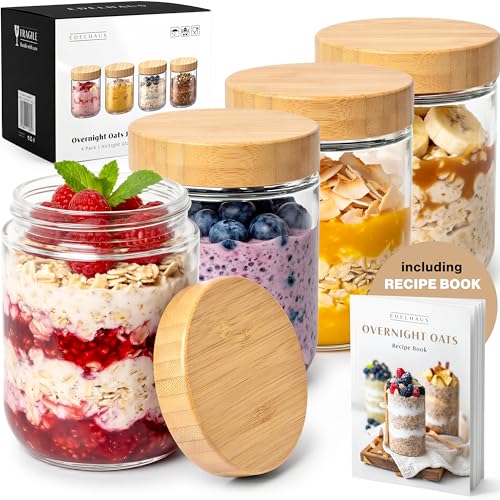 EDELHAUS Overnight Oats Containers with Lids Bamboo 4 x 16oz Glass Jars for Oatmeal Meal Prep Food Storage LeakProof Mason Jars for Oats Cereal Yogurt Chia Pudding Thicker Glass 3mm - Image 1