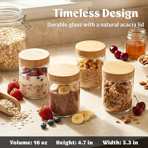 EDELHAUS Overnight Oats Containers with Lids Bamboo 4 x 16oz Glass Jars for Oatmeal Meal Prep Food Storage LeakProof Mason Jars for Oats Cereal Yogurt Chia Pudding Thicker Glass 3mm - Image 3