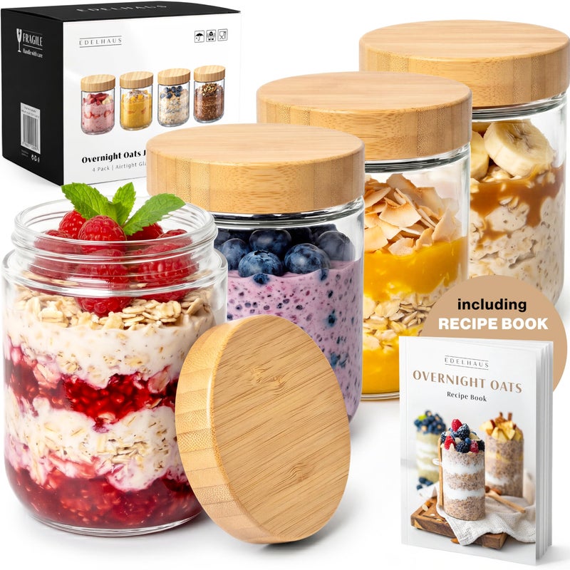 EDELHAUS Overnight Oats Containers with Lids Bamboo 4 x 16oz Glass Jars for Oatmeal Meal Prep Food Storage LeakProof Mason Jars for Oats Cereal Yogurt Chia Pudding Thicker Glass 3mm - Image 2