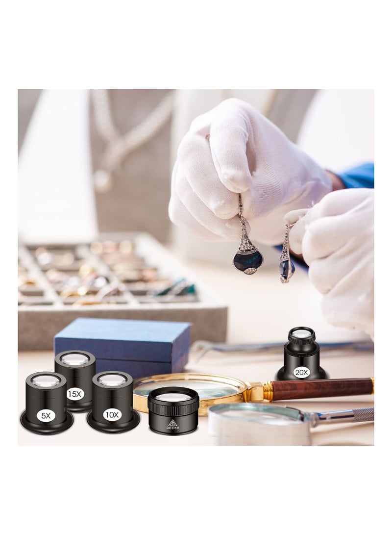 SYOSI Jewelers Loupe, 5 Pcs Portable Monocular Magnifier, Magnifying Glass Eye Loops, Magnifier with 30 x 36 mm, Watch Jewelry Experimental Repair Tool for Textile Optical Circuit Coins (5X 10X 15X 20X) - Image 2