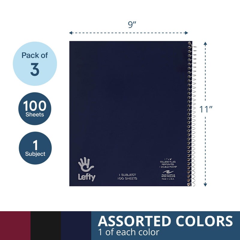 ROARING SPRING Lefty Spiral Notebook, Left-Handed One Subject Notebook, 3 Pack, 11" x 9", 100 Sheets, College-Ruled, Perforated, Assorted Saranac Covers, Made in USA - Image 3