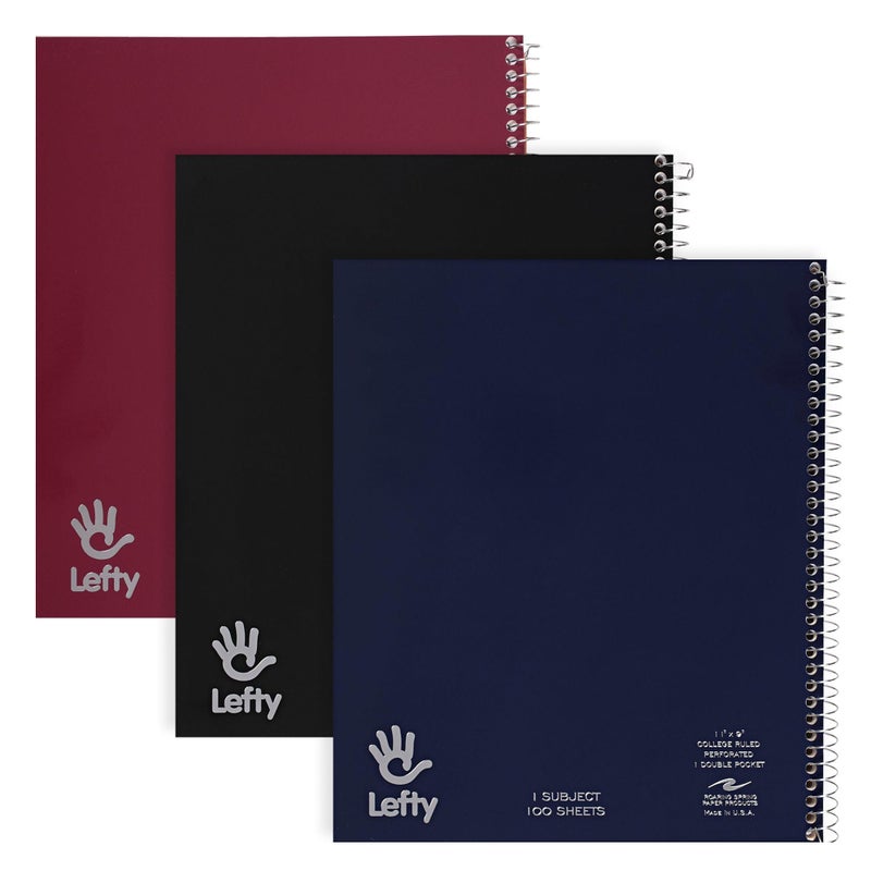 ROARING SPRING Lefty Spiral Notebook, Left-Handed One Subject Notebook, 3 Pack, 11" x 9", 100 Sheets, College-Ruled, Perforated, Assorted Saranac Covers, Made in USA - Image 1