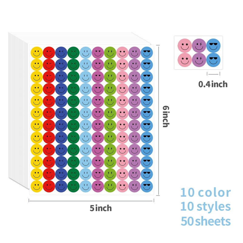 ANSTROUT 6000 Pieces Happy Smile Face Stickers for School Reward Behavior Chart,3/8 Inch in Diameter Round Colorful Reward Labels 10 Styles Happy Face Stickers for Teachers (50 Sheets) - Image 2