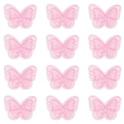 PPhtony Butterfly Lace Trim 12Pcs Double Layers Lace Applique Embroidery Sewing Patches for Wedding Bride Dress Clothing Hair Accessories Craft DIY (Pink, 4.5cm) - Image 1