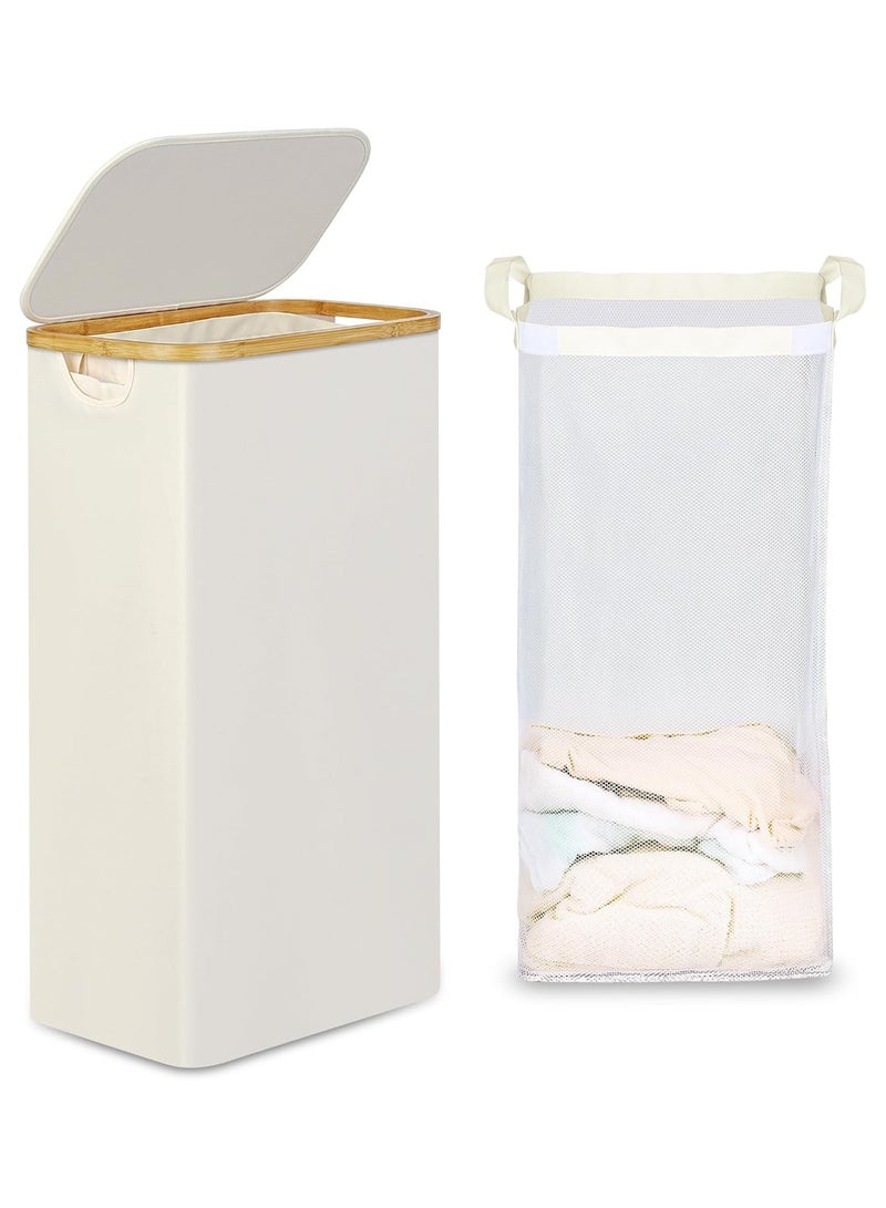 Slim Laundry Basket with Lid, Narrow Laundry Hamper with Removable Bag, Skinny Dirty Clothes Basket with Bamboo Handles for Bathroom, Bedroom & Laundry Room, 75L Beige - Image 1