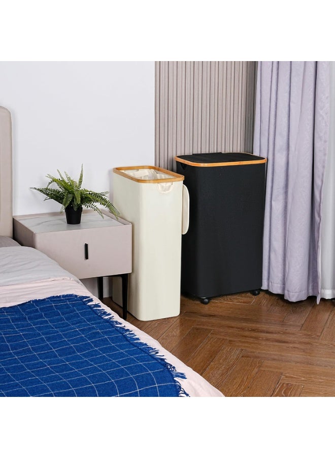 Slim Laundry Basket with Lid, Narrow Laundry Hamper with Removable Bag, Skinny Dirty Clothes Basket with Bamboo Handles for Bathroom, Bedroom & Laundry Room, 75L Beige - Image 2