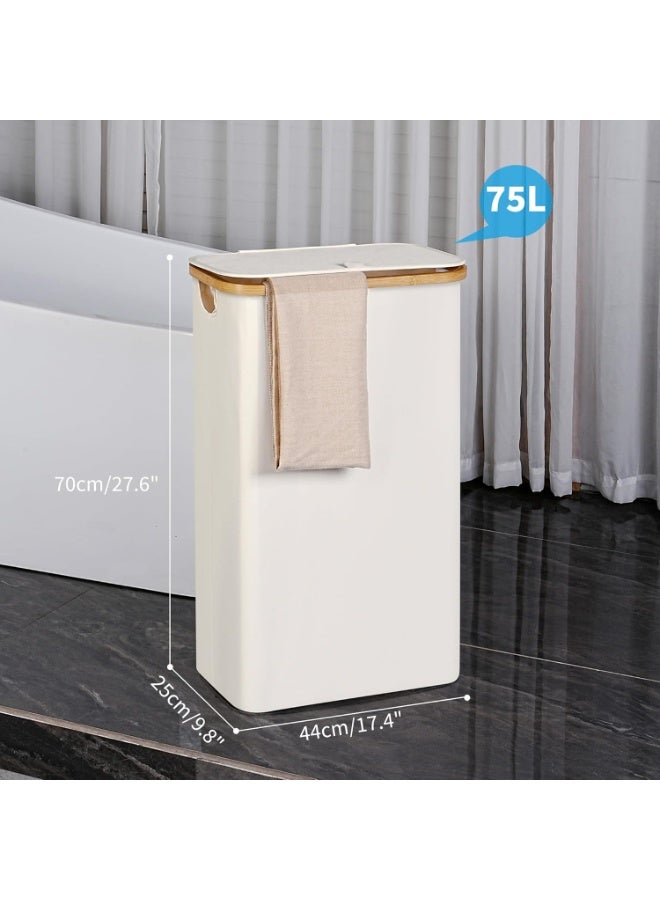 Slim Laundry Basket with Lid, Narrow Laundry Hamper with Removable Bag, Skinny Dirty Clothes Basket with Bamboo Handles for Bathroom, Bedroom & Laundry Room, 75L Beige - Image 3