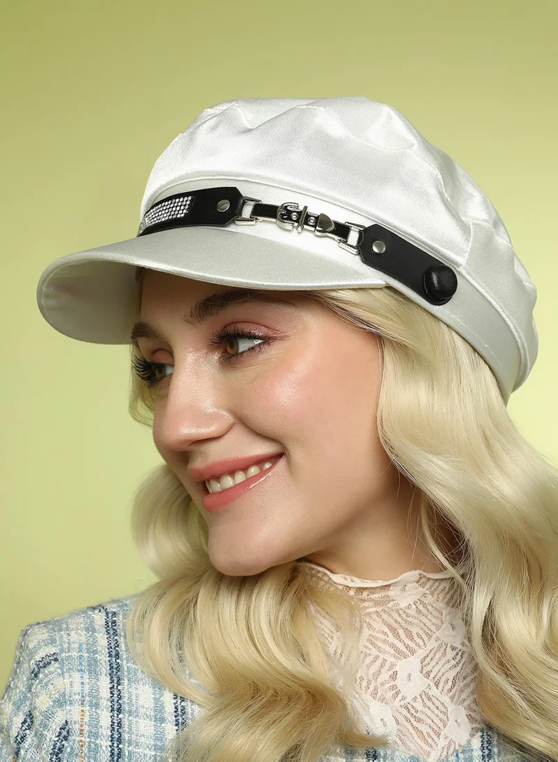 Haute Sauce Embellished Satin Bakerboy Cap - Powder White