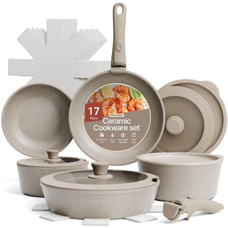 BAKKENMASTER Bakken 17-Piece Ceramic Coated Aluminum Cookware Set, Nonstick Pots and Pans with Lids, Silicone Cooking Utensils & Oven Mitts, All Stovetop Safe Up To 500Â°F, PTFE & PFAS Free, Dishwasher Safe - Image 1