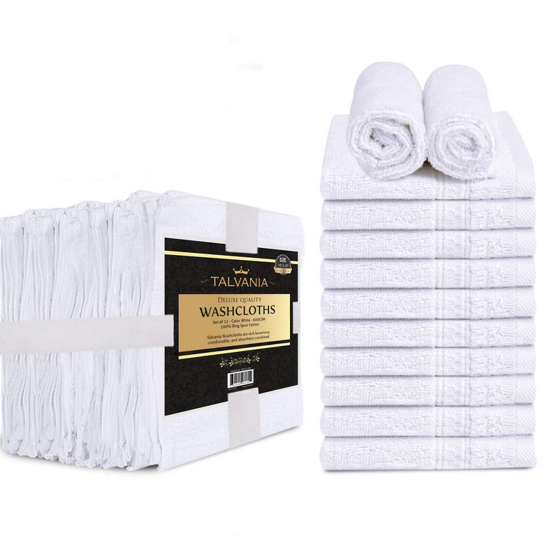 TALVANIA Cotton Washcloths - 13” X 13” 100% Pure Ring Spun Cotton Towels 600 GSM Soft and Absorbent, Long Lasting, Pack of 12 Face Wash Towel (White) - Image 1