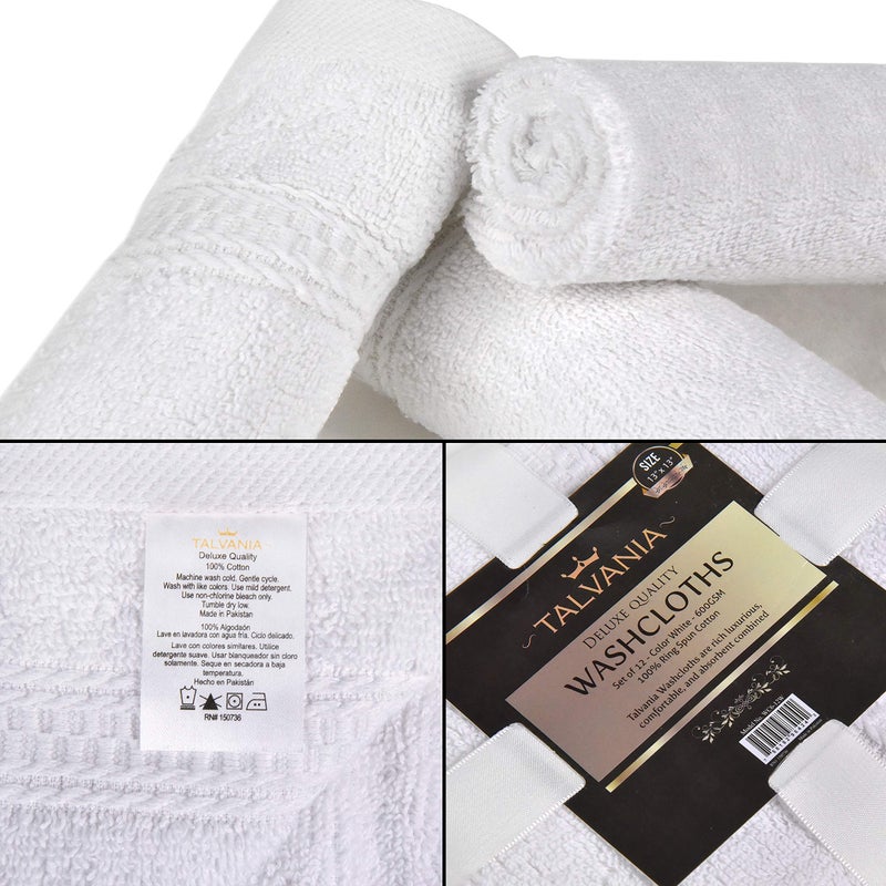 TALVANIA Cotton Washcloths - 13” X 13” 100% Pure Ring Spun Cotton Towels 600 GSM Soft and Absorbent, Long Lasting, Pack of 12 Face Wash Towel (White) - Image 5
