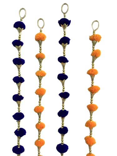 Aahum Handmade Wall Door Orange and BlueColor PomPom StringToran Golden BeadsTriangle FlowersHanging ToransGarland BandhwarDecoration Item for HomeDécor Diwali,Festival,Navratri,Wedding(6FT 8 Strings) - Image 4