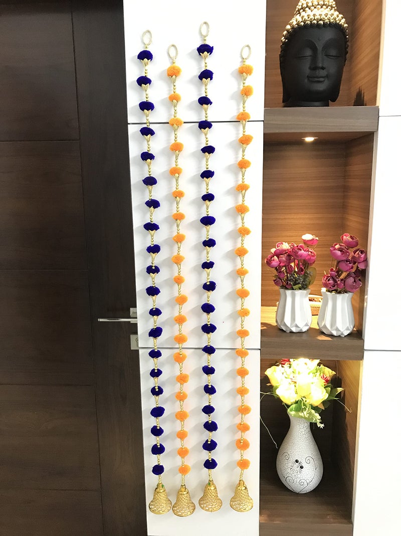 Aahum Handmade Wall Door Orange and BlueColor PomPom StringToran Golden BeadsTriangle FlowersHanging ToransGarland BandhwarDecoration Item for HomeDécor Diwali,Festival,Navratri,Wedding(6FT 8 Strings) - Image 2