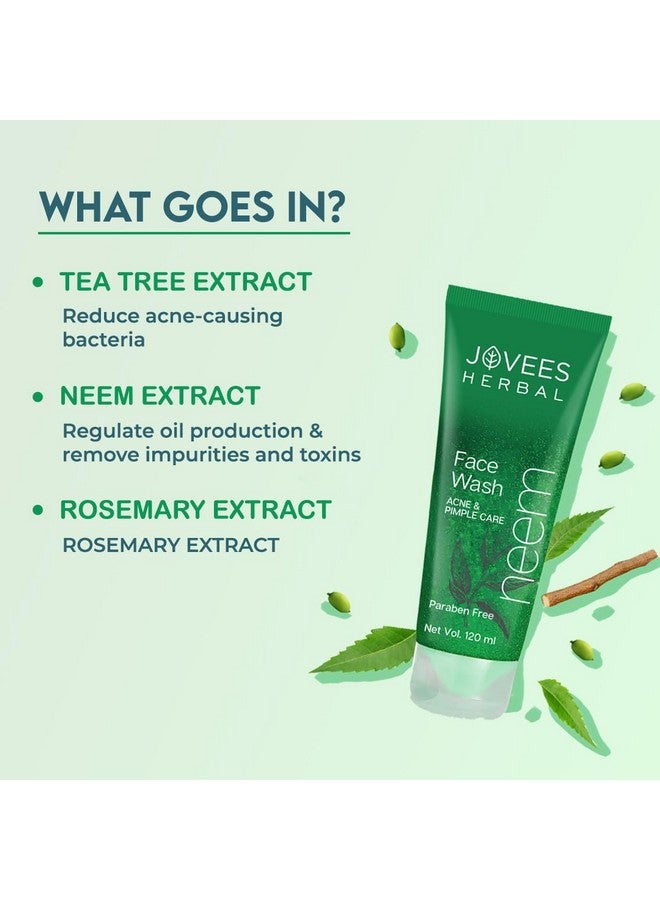 Jovees Herbal Neem Face Wash For Clear Skin with Neem & Tea Tree Ext | Gentle For Acne-Prone Skin | Controls Oil, Pimples and Dark Spots | Acne Control Cleanser For All Skin Type - 120ml (pack of 3) - Image 3