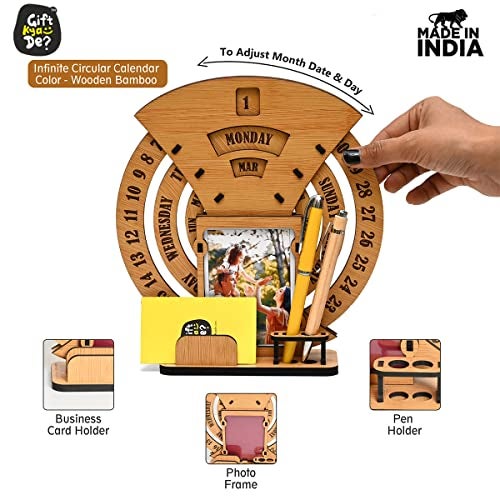 Gift Kya De 2026 Lifetime Desk Calendar with Desk Organizer & Photo Frame | Reusable Wooden Perpetual Calendar for Office & Home Decor | Eco-Friendly Tabletop Calendar | New Year Gift (Bamboo) - Image 2