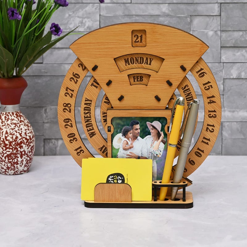 Gift Kya De 2026 Lifetime Desk Calendar with Desk Organizer & Photo Frame | Reusable Wooden Perpetual Calendar for Office & Home Decor | Eco-Friendly Tabletop Calendar | New Year Gift (Bamboo) - Image 5