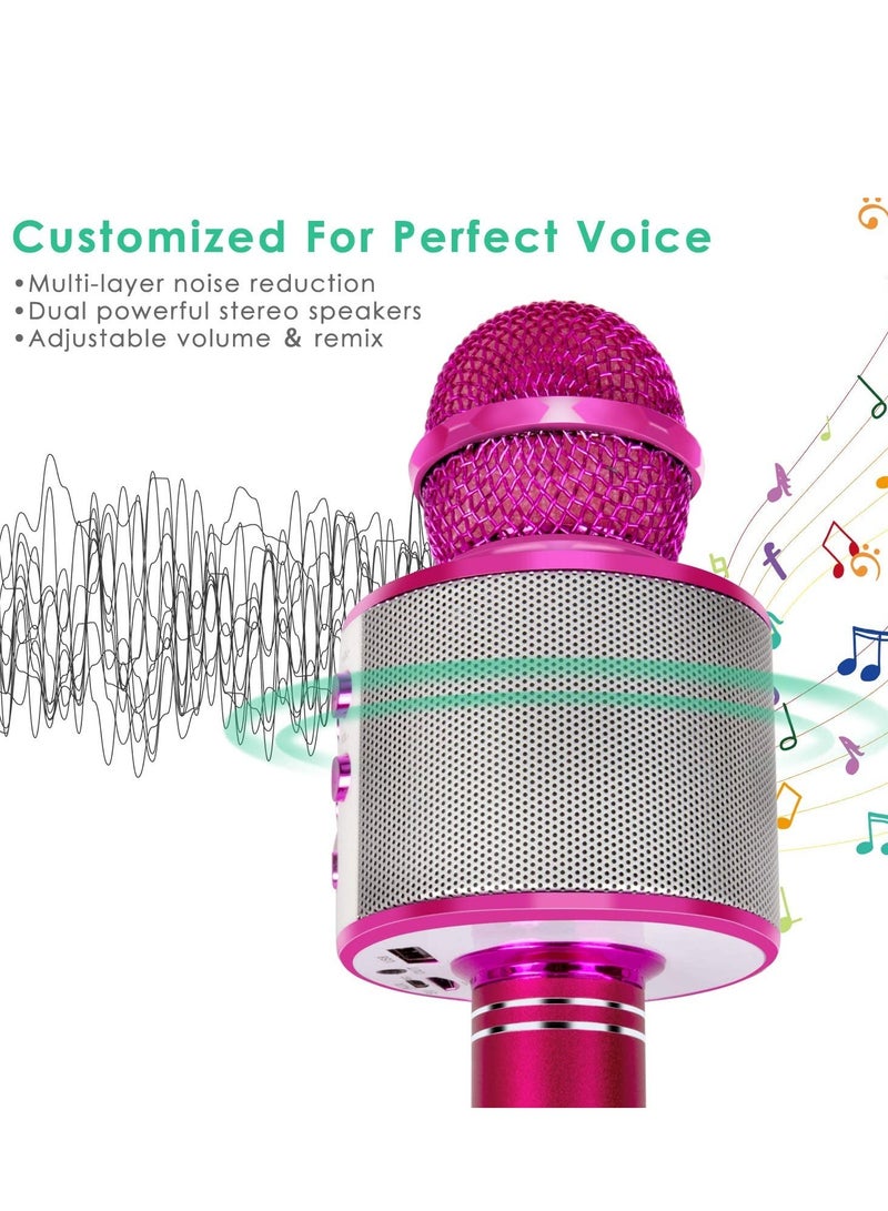 Wireless Bluetooth Karaoke Microphone for Kids, 5-in-1 Portable Handheld Karaoke Mic Speaker Player Recorder with Adjustable Remix FM Radio for Kids Girls Boys Teens Birthday (858-Hot Pink) - Image 3