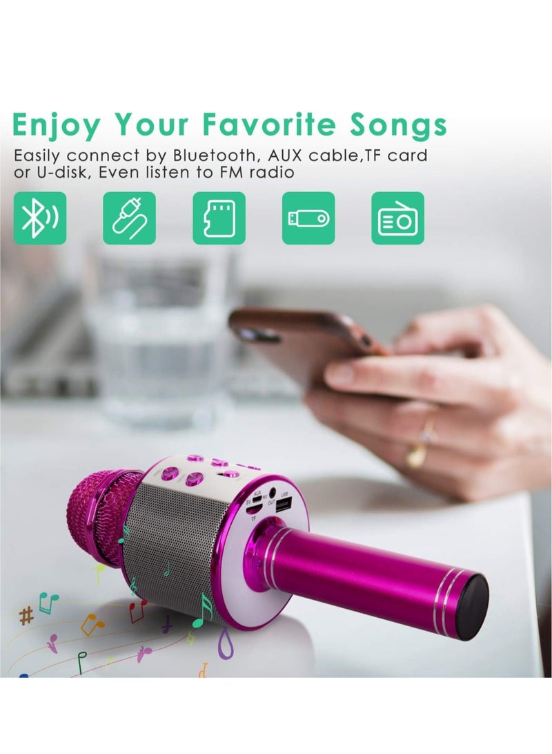 Wireless Bluetooth Karaoke Microphone for Kids, 5-in-1 Portable Handheld Karaoke Mic Speaker Player Recorder with Adjustable Remix FM Radio for Kids Girls Boys Teens Birthday (858-Hot Pink) - Image 4