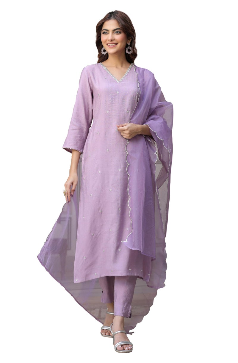 Janasya Women's Lavender Chinon Embellished Kurta with Pant and Dupatta Set (SET566-KR-NP-RE-XXL) - Image 1