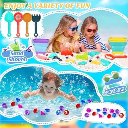 HUITEM Beach Sand Toys for Kids,Sand toys with 2 Collapsible Beach Bucket,2 Beach Sifter Shovel,Sand Shovel Set,Sand Castle Kit,Sea Animal Molds,Diving Gem Pool Toy,Mesh Bag Travel Toys for Toddler 3-10 - Image 3