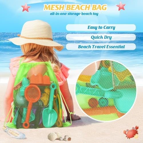HUITEM Beach Sand Toys for Kids,Sand toys with 2 Collapsible Beach Bucket,2 Beach Sifter Shovel,Sand Shovel Set,Sand Castle Kit,Sea Animal Molds,Diving Gem Pool Toy,Mesh Bag Travel Toys for Toddler 3-10 - Image 5