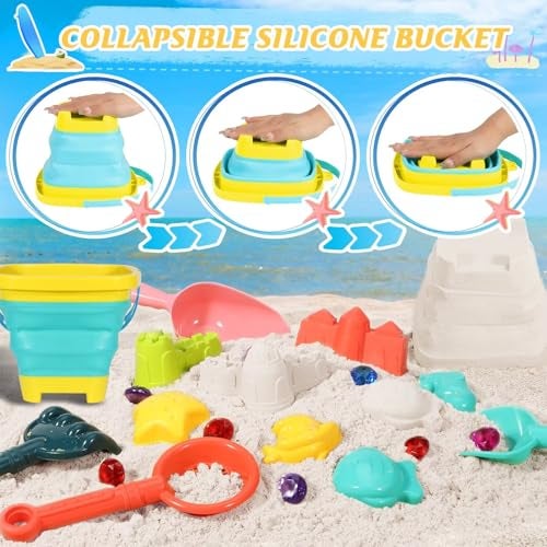 HUITEM Beach Sand Toys for Kids,Sand toys with 2 Collapsible Beach Bucket,2 Beach Sifter Shovel,Sand Shovel Set,Sand Castle Kit,Sea Animal Molds,Diving Gem Pool Toy,Mesh Bag Travel Toys for Toddler 3-10 - Image 4