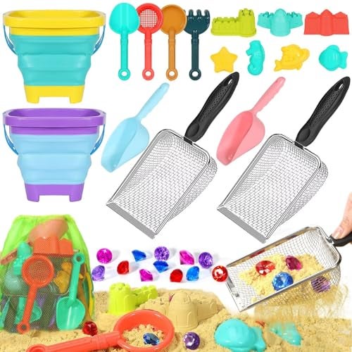 HUITEM Beach Sand Toys for Kids,Sand toys with 2 Collapsible Beach Bucket,2 Beach Sifter Shovel,Sand Shovel Set,Sand Castle Kit,Sea Animal Molds,Diving Gem Pool Toy,Mesh Bag Travel Toys for Toddler 3-10 - Image 1