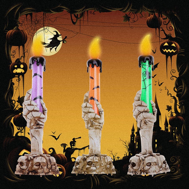 YBB 3 Pack Halloween Skull Candle Holder Light Skeleton Ghost Hand Flameless Candle Lamp Party Bar Decoration Lamp Green Orange Purple