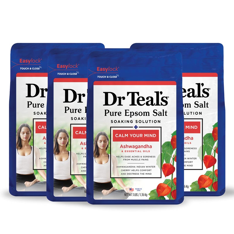 Dr Teal's Pure Epsom Magnesium Salt Soak,, Ashwagandha & Essential Oils, 3 lbs (Pack of 4)