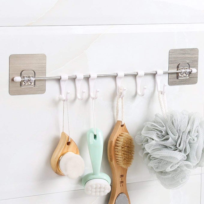 MULTIPURPOSE RUSTPROOF STAINLESS STEEL RAIL WITH 6 PLASTIC HOOKS BATHROOM KITCHEN STICKER HANGER FOR STORAGE TOWEL KITCHENWARE HOOK HANGER MULTICOLOUR