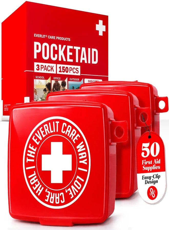 EVERLIT CARE EVERLIT Pocket-Aid Kit | Travel-Friendly Hard-Shell Cases with 50 Items for Cuts, Scrapes, Burn & Wound Care | Pack of 3 Mini First Aid Kits for Travel, Outdoor, School, Camping, Home, Office (Red) - Image 1