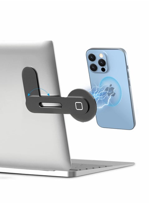Magnetic Laptop Phone Holder, Adjustable Computer Monitor Side Mount Clip Compatible with iPhone 14/13 / 12 Series & MagSafe Case & All Phones, Portable Foldable Computer Bracket, Black