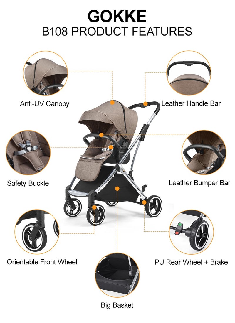 GOKKE - Reversible Baby Stoller,  5 Point Safety Harness, Compact Fold, Reversible Seat, Forward & Rear Facing, 0-36 Months, Brown - B108BR - Image 1